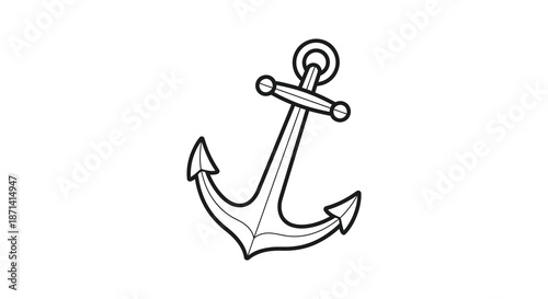 A simple black and white line drawing depicts a classic ship anchor nautical and timeless