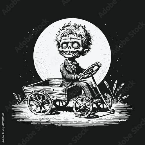 Creepy Zombie Boy Driving a Wagon Under the Moonlight.