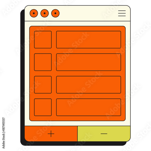 Digital graphic of a browser window displaying orange UI elements and buttons