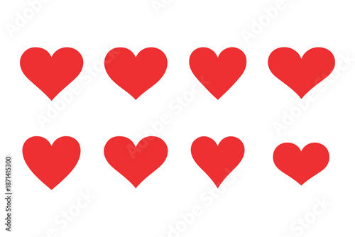 Set of eight simple red heart symbols representing love, health, and passion, ideal for social media like buttons and Valentine's Day designs