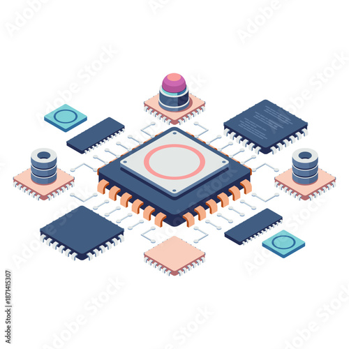 Isometric illustration of interconnected microchips and data processing units for computing