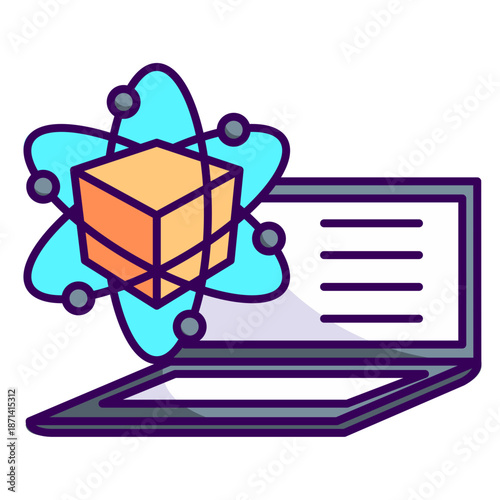 A graphic illustration of a cube emerging from a laptop screen with an atom symbol.