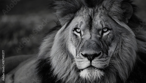 Majestic lion face in black and white, ideal for wildlife and naturethemed designs, posters, and merchandise with a powerful and captivating appeal.