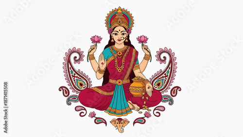 Hindu Goddess Lakshmi Sitting on Lotus for Diwali Wealth and Prosperity