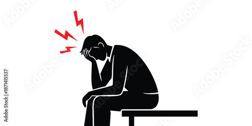 Illustration of a black silhouette of a man sitting on a bench with a headache
