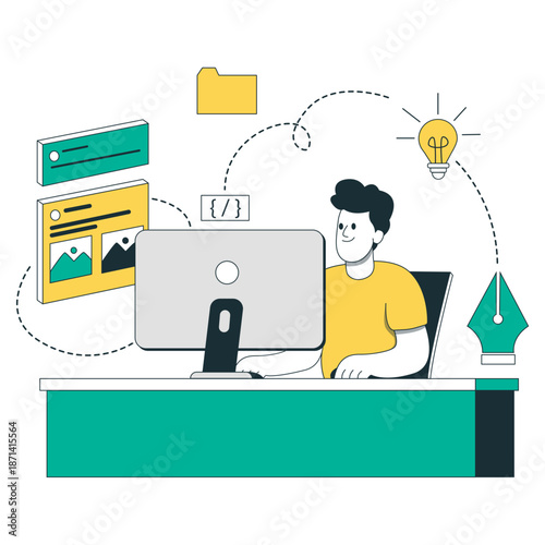 Man sitting at desk with computer and ideas floating around him in office