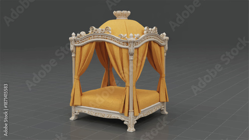 Yellow canopy bed with white frame and curtains