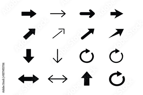 Versatile arrow icon collection with various directions and styles including pointer, reload, and navigation symbols for graphic design projects
