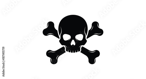 A stark black silhouette of a human skull and crossed bones dominates a pure white background