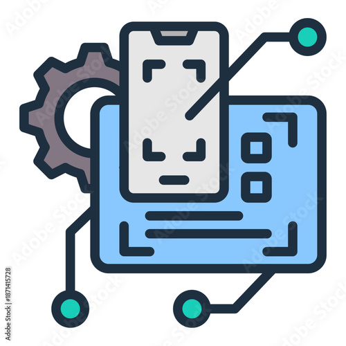 A smartphone sits on a blue laptop with a gear in the background and wires connecting.