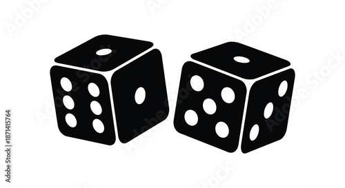 A minimalistic illustration featuring two black dice with visible pips showcasing a simple design