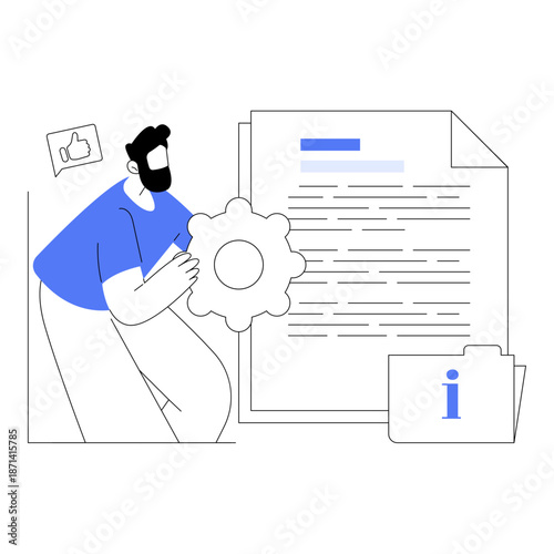 Man interacting with large gear and document illustration