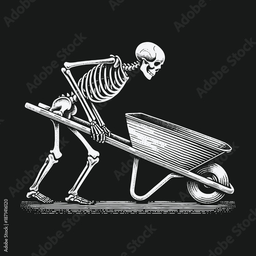 Skeleton Laboring with Wheelbarrow: A Grim Depiction of Toil.