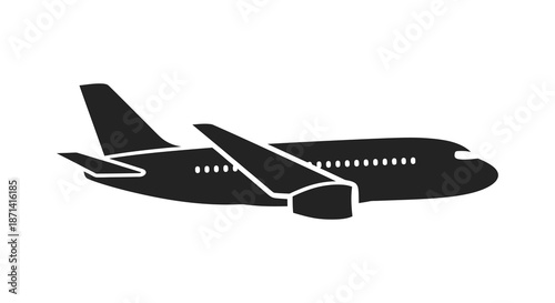 A sleek black silhouette of a passenger airplane in flight depicting modern aviation