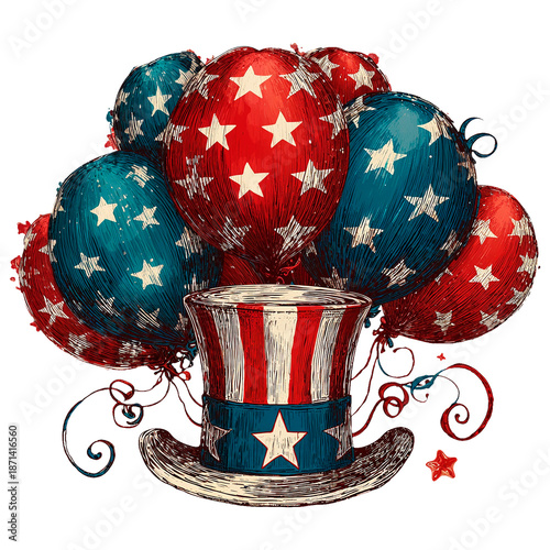 Celebrate freedom with a red, white, and blue hat surrounded by star balloons for July 4th festivities Generative AI