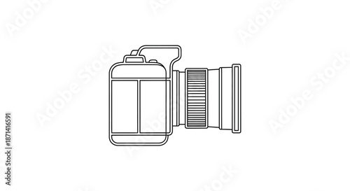 A simple line drawing depicts a classic single lens reflex camera with distinct features