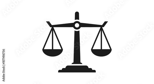 A simple black and white illustration depicting a classic two pan balance scale symbol