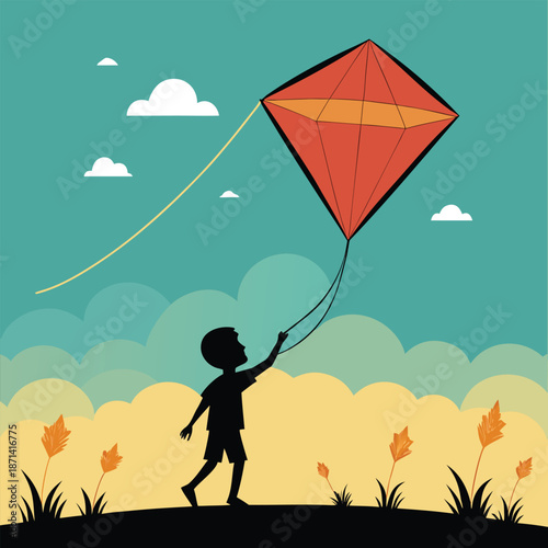 Child silhouette actively flying a big kite, symbolizing carefree moments and outdoor childhood fun, vector