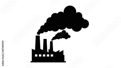 Black silhouette of an industrial factory building with smoke chimneys and a cityscape skyline vector illustration representing urban pollution and architecture
