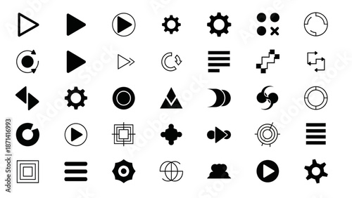 A vector collection of black music icons and musical symbols featuring a design set of silhouette signs for web and internet buttons in a circle