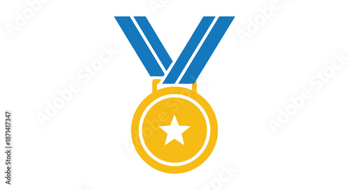 A golden medal with a bright white star icon suspended by a blue ribbon is shown