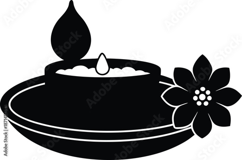 Puja Thali with Diya Flowers and Rice silhouette vector art illustration, black and white design