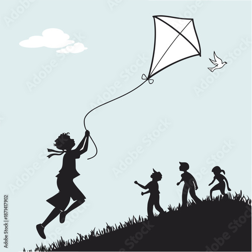 Energetic silhouette of a child with a giant diamond kite in a bright setting