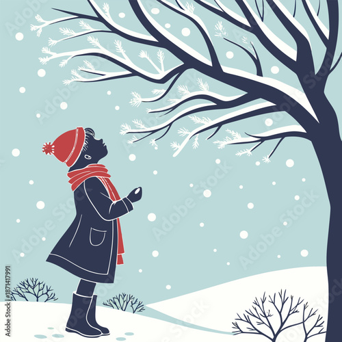 Magical silhouette of a child catching snowflakes with outstretched hands