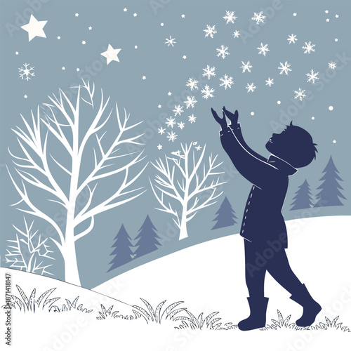 A child silhouette in winter, joyfully catching falling snowflakes
