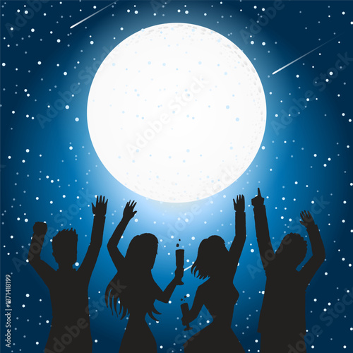Silhouettes of people celebrating and dancing under a large full moon and starry night sky.