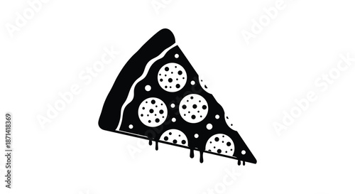 A simple black and white illustration depicts a single slice of pepperoni pizza with dripping cheese