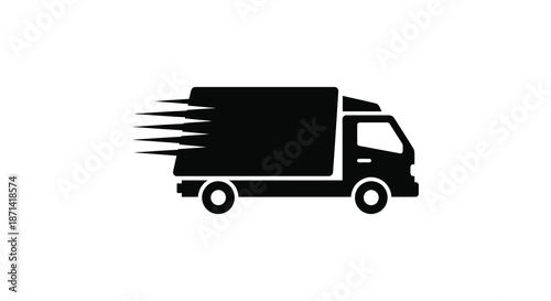 A simple black silhouette of a delivery truck moving at speed shown in profile