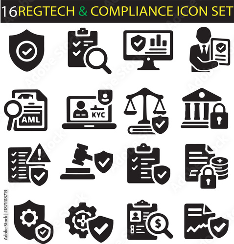 RegTech and Compliance Management Solid Black Icon Set