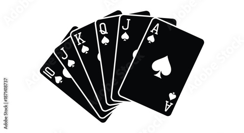 A fan of playing cards displaying a ten jack queen king and ace of spades