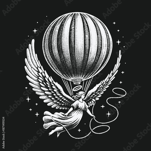Angelic Flight: A Whimsical Journey with Wings and Balloon.