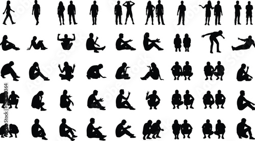 Vector silhouette collection of people standing, sitting, and crouching, featuring diverse group poses, casual human figures for architectural urban landscape visualization.