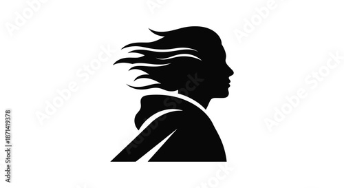A striking silhouette of a woman s face and shoulders with flowing hair depicted in black