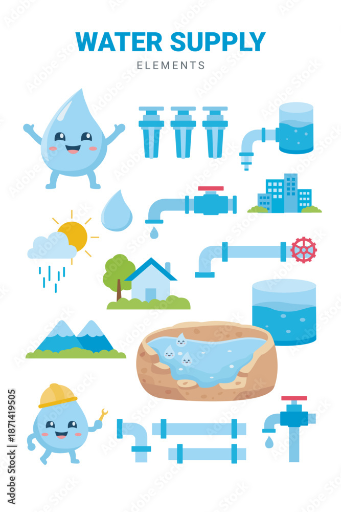 Naklejka premium Minimalist vector illustration of water cycle, pipes, and drops. Flat design style, suitable for infographics, social media, and educational purposes.