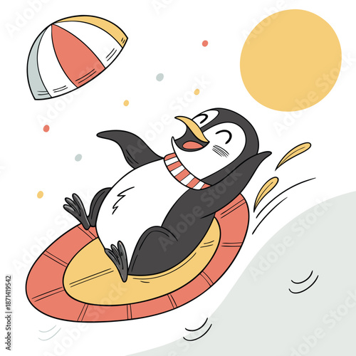 Graphic silhouette of a happy penguin gliding on its stomach down a gentle icy slope, representing winter recreation and carefree spirit.