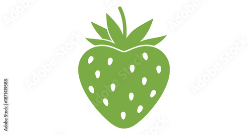 A simple green strawberry illustration with a prominent calyx and small seed details shown