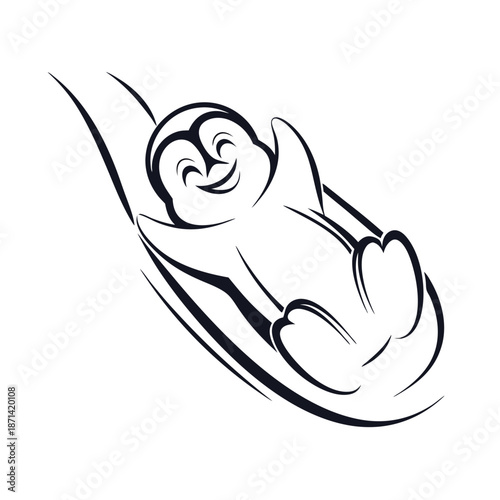 A cheerful silhouette of a penguin sliding down a slope on its belly, exuding fun and energy during a winter day.