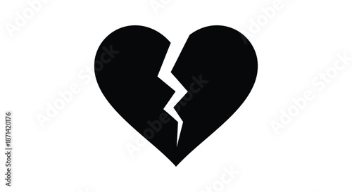 A simple black and white illustration depicts a broken heart with a visible crack down the middle