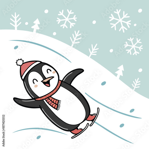 Vector silhouette of a happy penguin sliding on its belly, capturing the delightful essence of winter sports and playful activity.