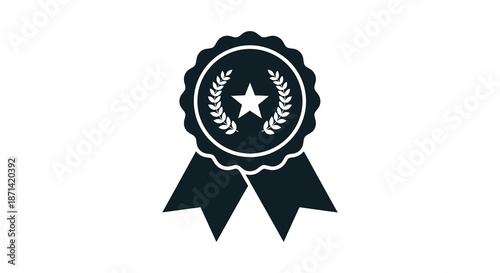 A simple black and white illustration of a star enclosed within a laurel wreath and ribbon