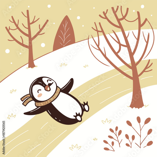 Dynamic black silhouette of a penguin smoothly sliding, capturing the essence of winter sport and joyful animal motion, vector graphic.