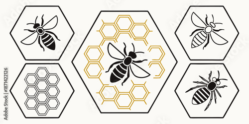 Collection of stylized black and white iconographic elements featuring various bees and honeycomb patterns enclosed within hexagonal shapes for design projects