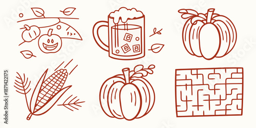 Set of six hand drawn doodle icons representing classic autumn activities and harvest elements perfect for seasonal fun and decorations