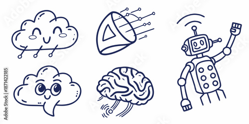 Collection of cute doodle icons representing artificial intelligence machine learning cloud computing and robotics concepts in a playful style