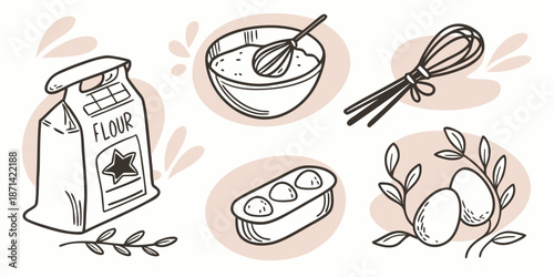 Charming hand drawn baking ingredients collection featuring flour eggs whisk and batter mix perfect for culinary design projects and cooking themes