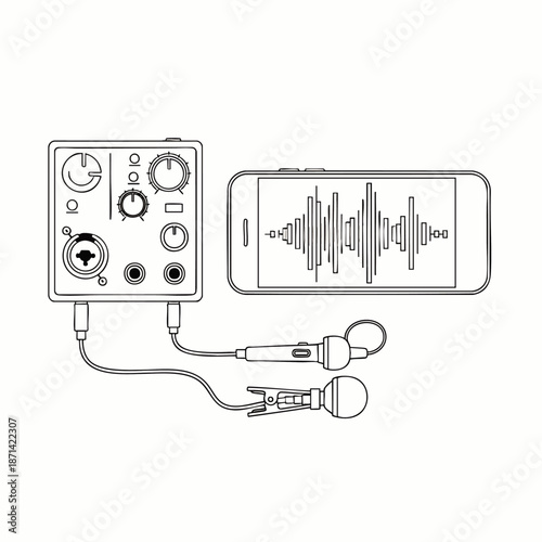 Audio recording setup illustration: mobile mixer, smartphone with sound waves, and lavalier microphones for podcasting, interviews, and content.